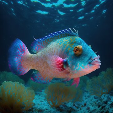 Rare, beautiful fish on the ocean floor. High quality photos. Generative AI