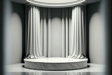 white marble platform pedestal display stage with open curtain background for showcasing product item 3d illustration template