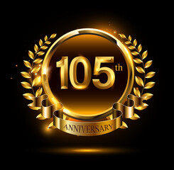 Naklejka premium 125th golden anniversary logo with ring & ribbon, luxury laurel wreath