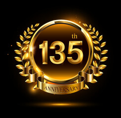 Naklejka premium 135th golden anniversary logo with ring & ribbon, luxury laurel wreath