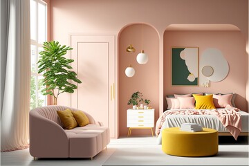 Photo 3d render of a pink harmonious and joyful style bedroom with a wardrobe 
