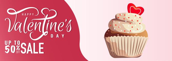 Sale Flyer design for Happy Valentine's Day with muffins cupcakes, red accent. Romance, Love concept. Vector illustration for poster, banner, advertising, invitation, flyer, cover.