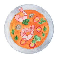 Thai tom yum soup with seafood. Sour spicy broth is the national dish of Thailand and Laos.