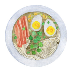 Japanese soup with ramen noodles. Spicy vegetable broth.  East  Asian dish. Menu design.
