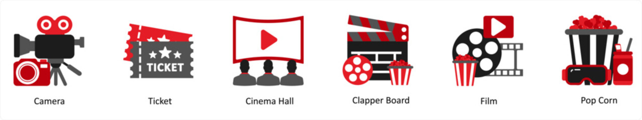 Fototapeta premium Six cinema icons in red and black as camera, ticket, cinema hall