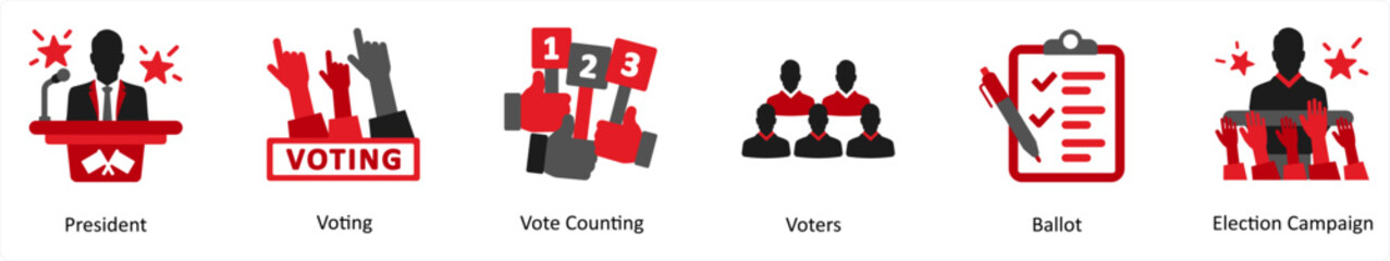 Six election icons in red and black as president, voting, vote counting