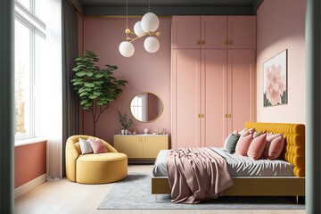 Modern living room,  3d render diaromatic view photo of a harmonious and joyful style bedroom with a wardrobe and a dark pink main wall