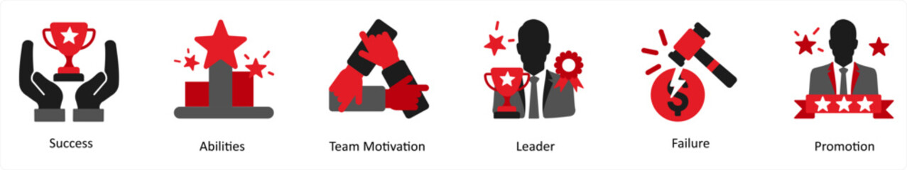 Six business icons in red and black as success, abilities, team motivation
