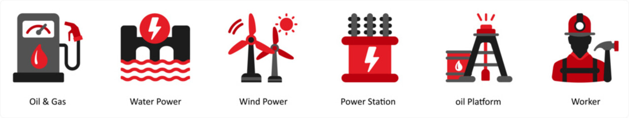 Six ecology icons in red and black as oil and gas, water power, wind power