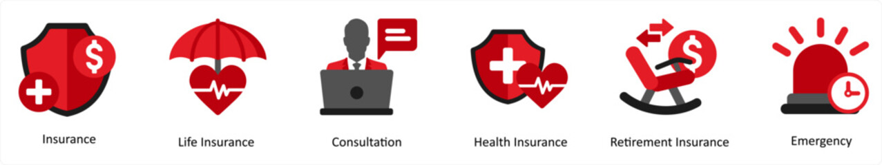 Six insurance icons in red and black as insurance, life insurance, consultation