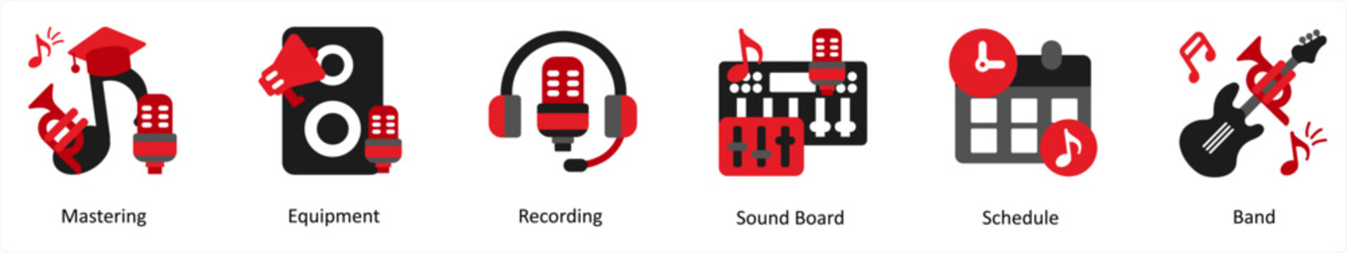 Six music icons in red and black as mastering, equipment, recording