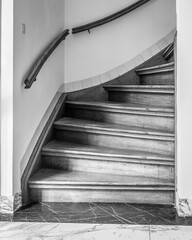 old worn wooden stairs in black and white