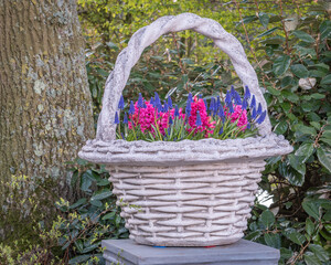 close up of a big basket with mixed flowers