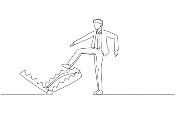 Drawing of businessman carefully walk into mouse trap concept business risk. Continuous line art