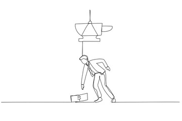 Drawing of businessman almost crushed by anvil money trap. Single continuous line art