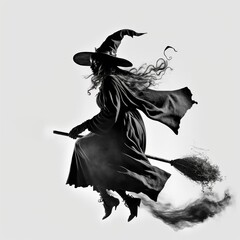 A witch flies on a broom in the white background, created with Generative AI technology