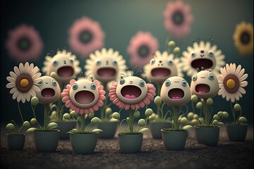 Choir of cute flowers, created with Generative AI technology - obrazy, fototapety, plakaty