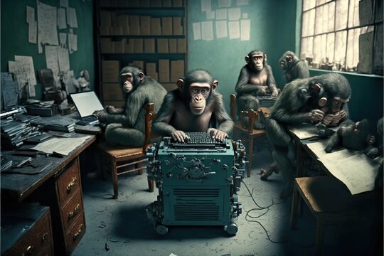 A lot of monkeys with lot of typewriters in small room, created with Generative AI technology