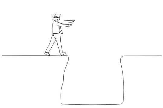 blindfolded man walking cliff edge