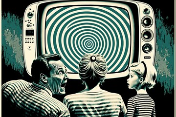 Hypnotised zombie family watching news propaganda on tv, created with Generative AI technology - obrazy, fototapety, plakaty