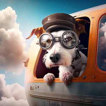 Funny dog travelling by airplane, created with Generative AI technology