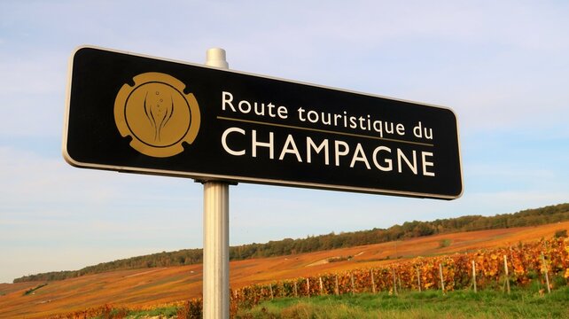 Tourisme / &oelig;notourisme en Champagne Ardenne, dans la r&eacute;gion Grand-Est, panneau de la "Route touristique du CHAMPAGNE" avec une vigne en arri&egrave;re-plan, en automne (France)