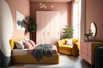 realistic diagrammatic view 3d render photo of a harmonious and joyful style bedroom with a wardrobe and a dark pink main wall