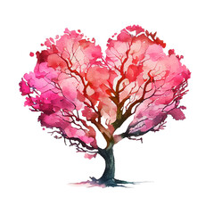 Pink heart tree isolated on white background. Watercolor illustration. Generative AI