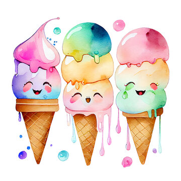 Cute faced ice creams set isolated on white background. Watercolor illustration. Generative AI