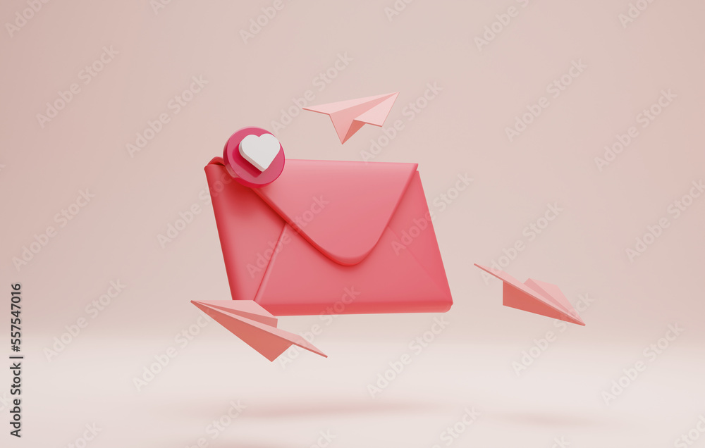 Aufkleber envelope icon with unread message love and notification with paper plane on pink background