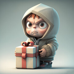 Grumpy angry kid holding a gift