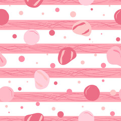 pink abstract stones on stripes seamless vector pattern. Pink theme pebbles scattered on textured stripes seamless vector repeat pattern.