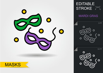 Mardi Gras masks. Line icon with editable stroke with shadow