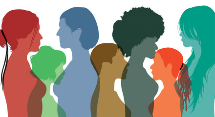 Women or girls of different cultures communicate and make friends. Talking and sharing ideas and information among multi-ethnic women. Community of women on social networks.
