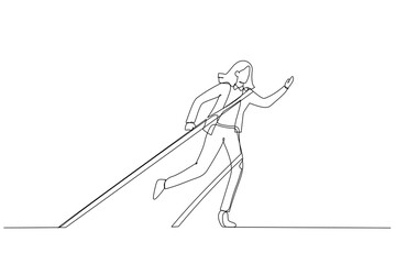 Cartoon of business woman tied up with tape rope try to escape concept of business difficulty. Single line art style
