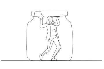 Illustration of business woman trapped in a jar concept of business limitation. Single continuous line art style