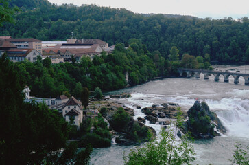 Fototapeta na wymiar Rhine Falls with Rheinfall Bridge and Laufen Castle, Switzerland