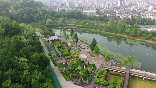 [korea drone footage] Seoul city landscape, Korea, west seoul, Lake Park