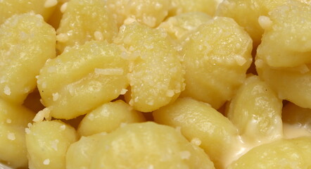 gnocchi cooked with grated cheese prepared for the meal. closeup on the meal. typical italian food.