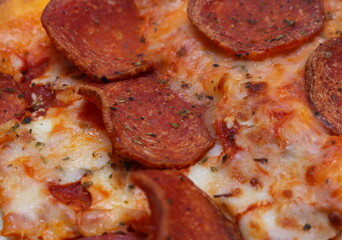 pizza details with pepperoni and cheese. details of brazilian pepperoni pizza. meal details.