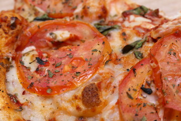 details of pizza with tomato and cheese. details of brazilian marguerita pizza. meal details.