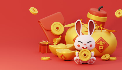 3d Render Year of the Rabbit greeting card. A Rabbit holding on gold coins with plenty of fortunes behind him.Chinese new year decoration background concept. Text: Wealth and Lucky