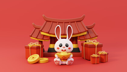 3d render cute rabbit holding a gold ingot is sitting in front of red doors on the china gate with gift boxes and red oriental style decoration around. Text: Wealth