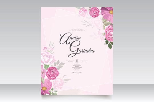  Beautiful magenta floral frame wedding invitation card template Premium Vector