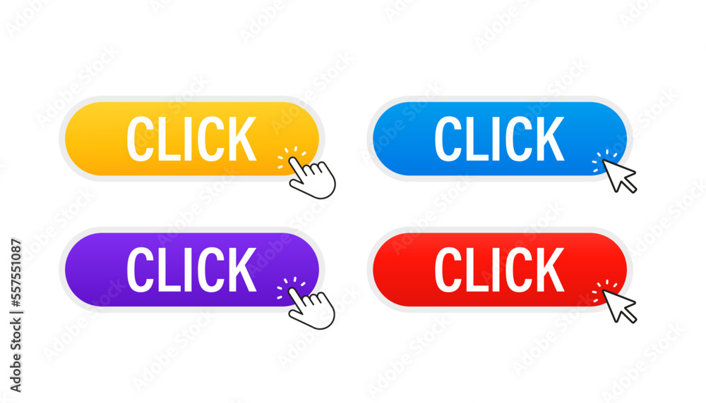 Poster click the button with the hand icon here, icon clicked. click here vector web button. web button wit