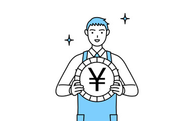 為替差益や円高のイメージ、エプロンを着た男性
