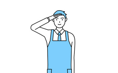最敬礼するエプロンを着た男性