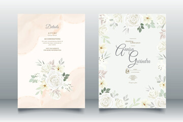 Fototapeta na wymiar Wedding invitation card template set with beautiful white floral leaves Premium Vector