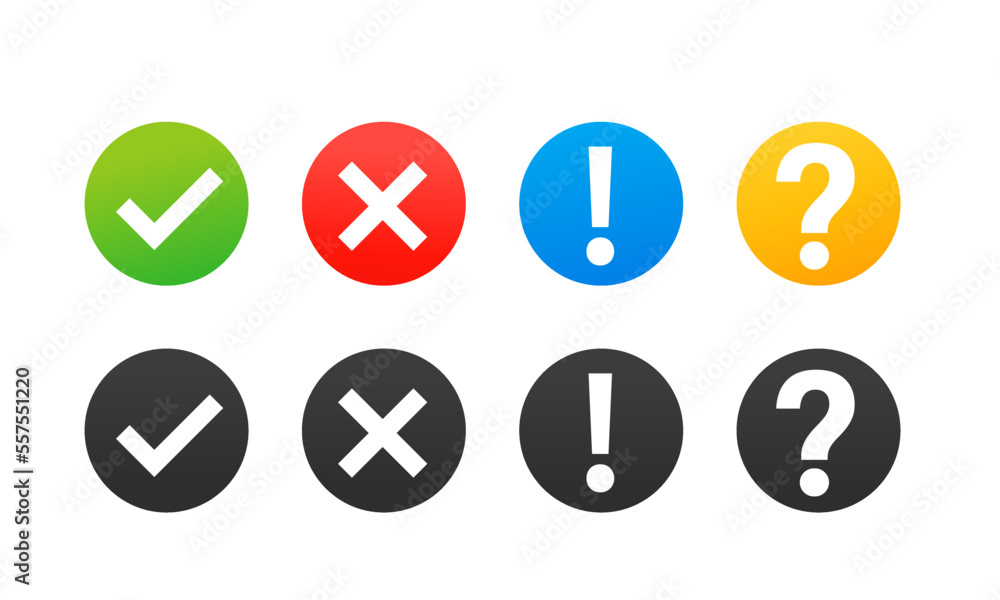 Poster collection round buttons with sign done, error, question mark, exclamation point. set black and colo