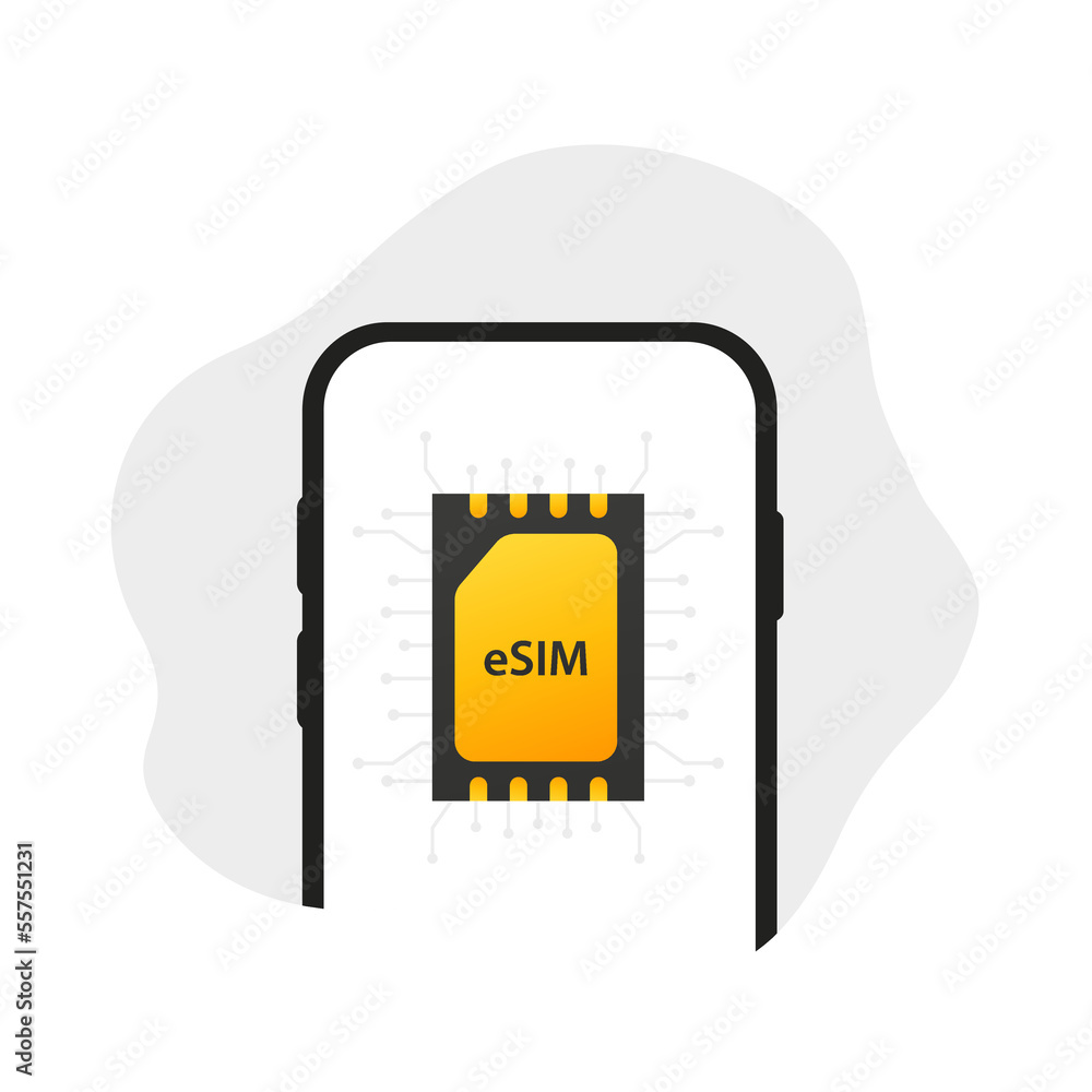 Poster a mobile device with an esim chip. esim card chip sign. embedded sim concept. new mobile communicati